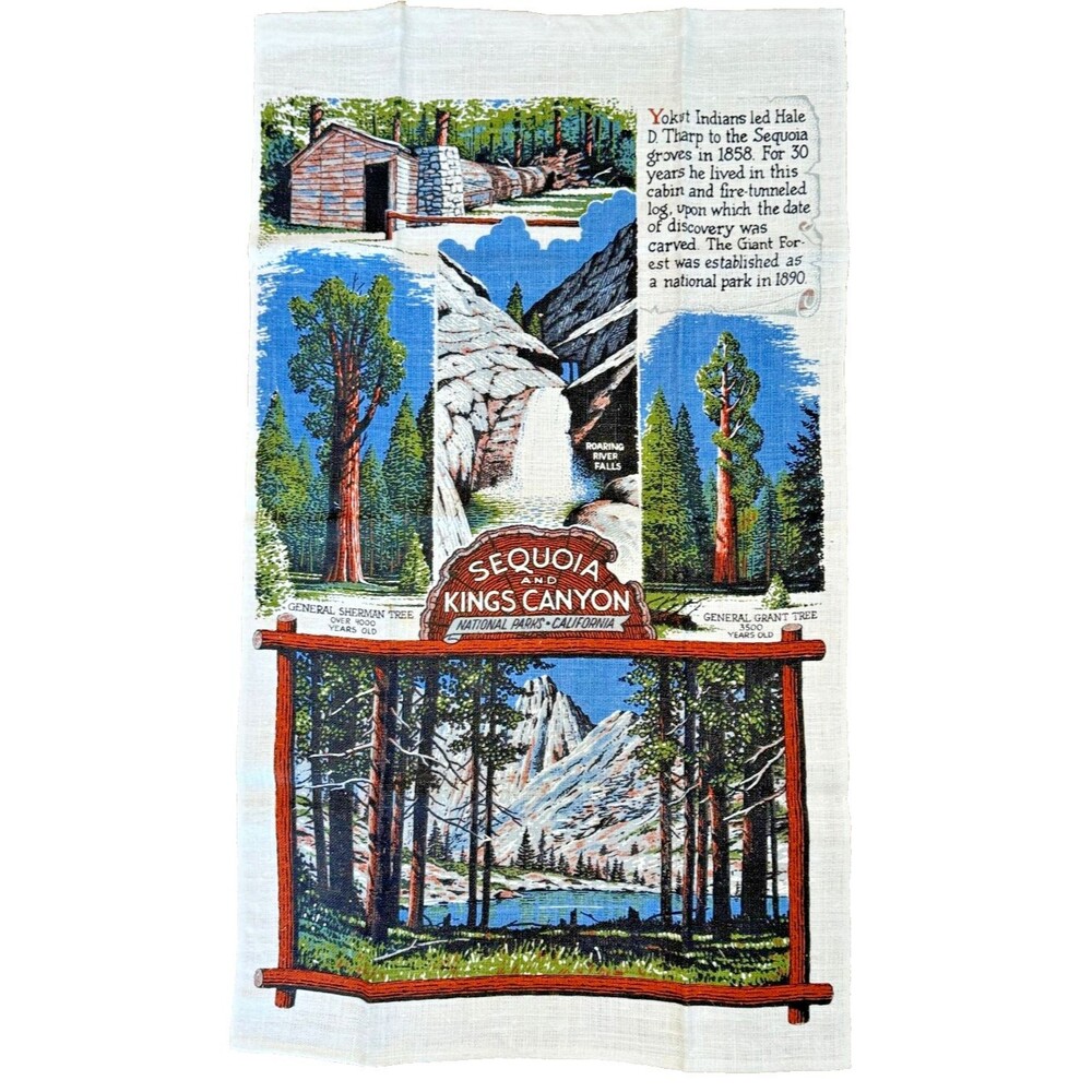 Vintage KayDee Linen‎ Tea Towel Sequoia Nat Park CA Handprint Vintage Souvenir